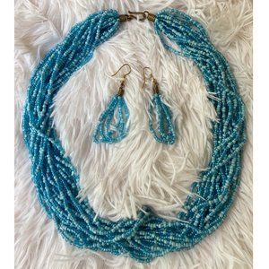 Blue Beaded Necklace + Earrings, Handmade in Kenya